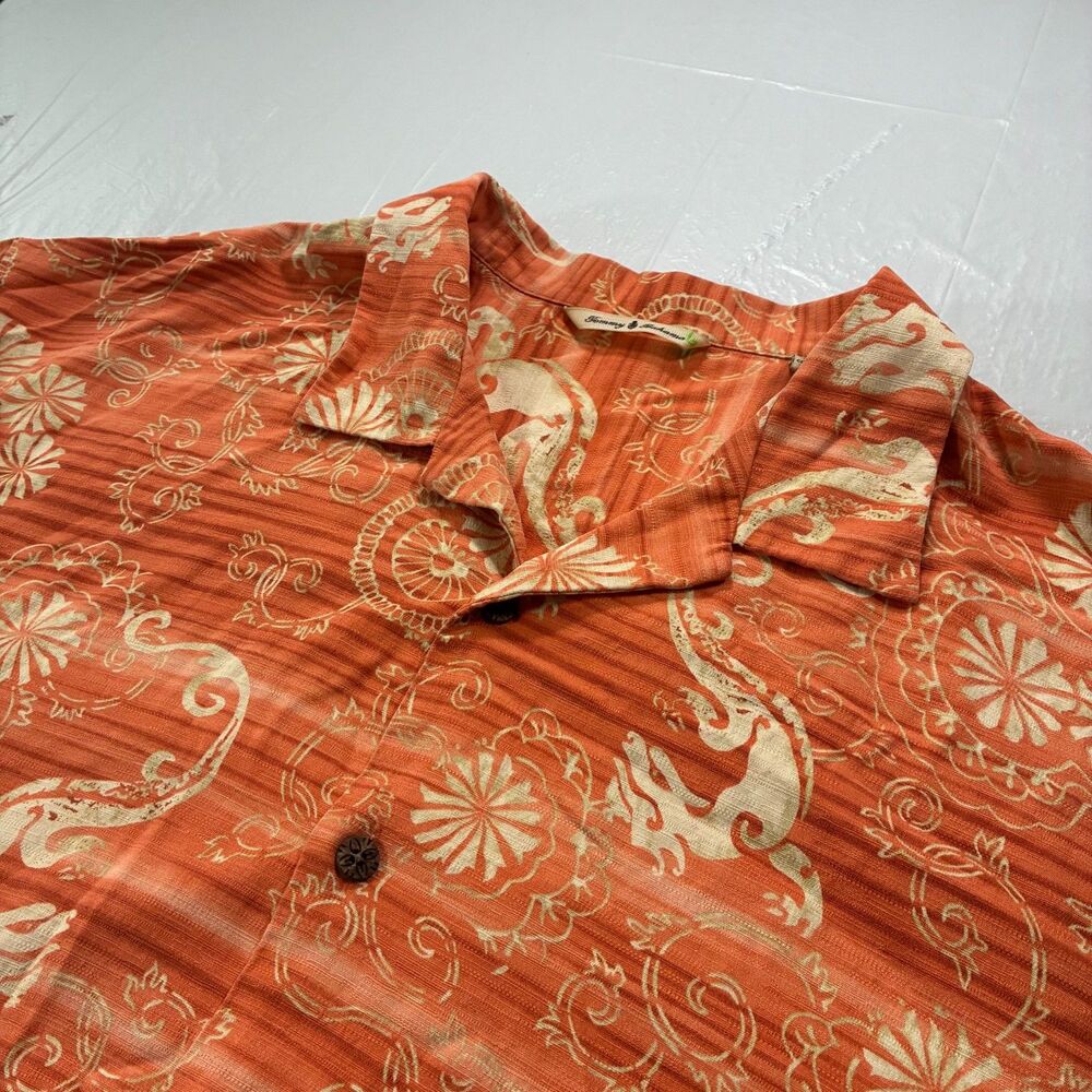 Tommy Bahama Shirt Men's XL Orange Silk Dragon All over Print Hawaiian Aloha